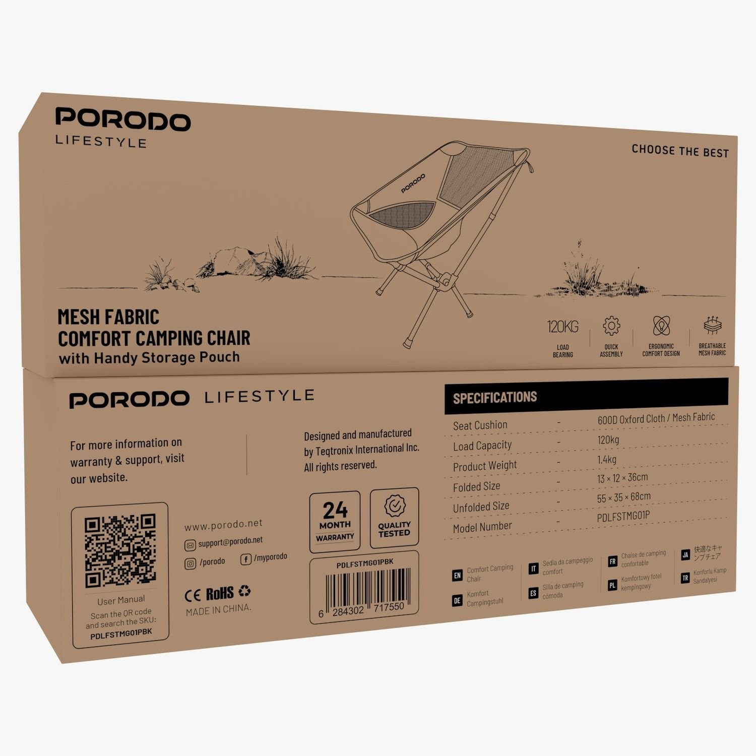 Porodo Lifestyle Mesh Fabric Comfort Camping Chair with Handy Storage Pouch - Black