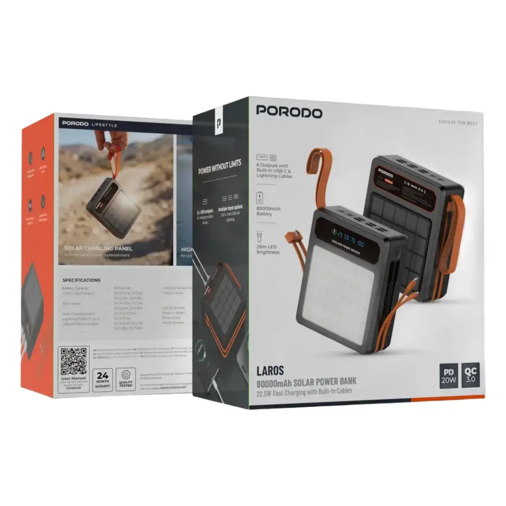 Porodo Solar Powerbank 80000mAh with LED light