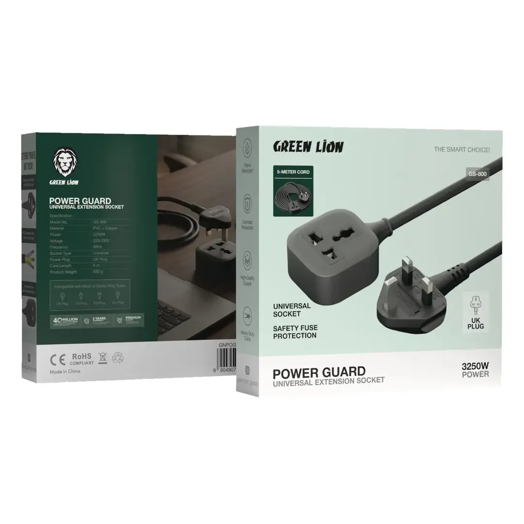 Green Lion POWER GUARD Universal Extension Socket UK Plug 3250W 5M - Black