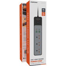 Porodo 3000W 3AC Power Socket with USB A x2 USB C x4 UK 3M Wire - Black