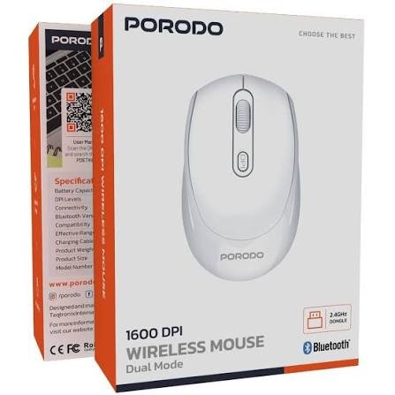 Porodo 2.4G+BT Dual Mode Rechargeable Mouse 300mAh battery Adjustable 8001600 DPI - Black